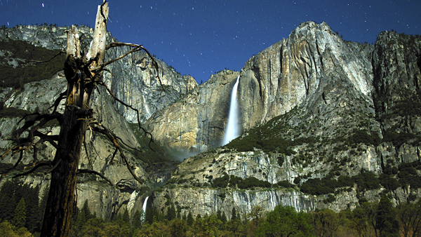 Yosemite Falls at Night with Nearly Full Moon